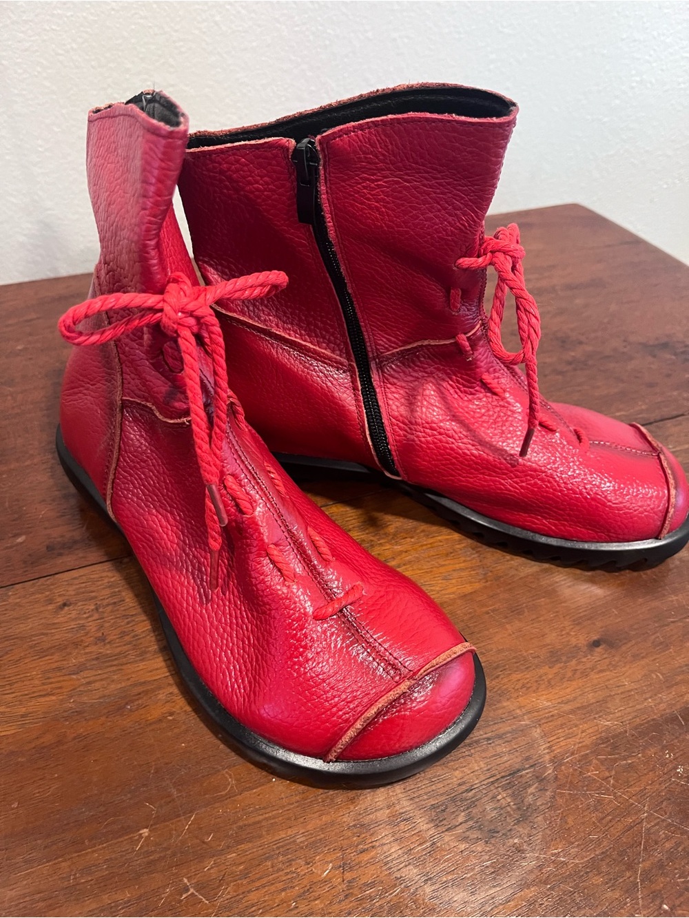Women’s Red Leather Ankle Booties with Side Zip